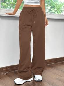 SHEIN EZwear 棕色直筒宽松针织休闲运动裤 - 棕色 - 查看 6