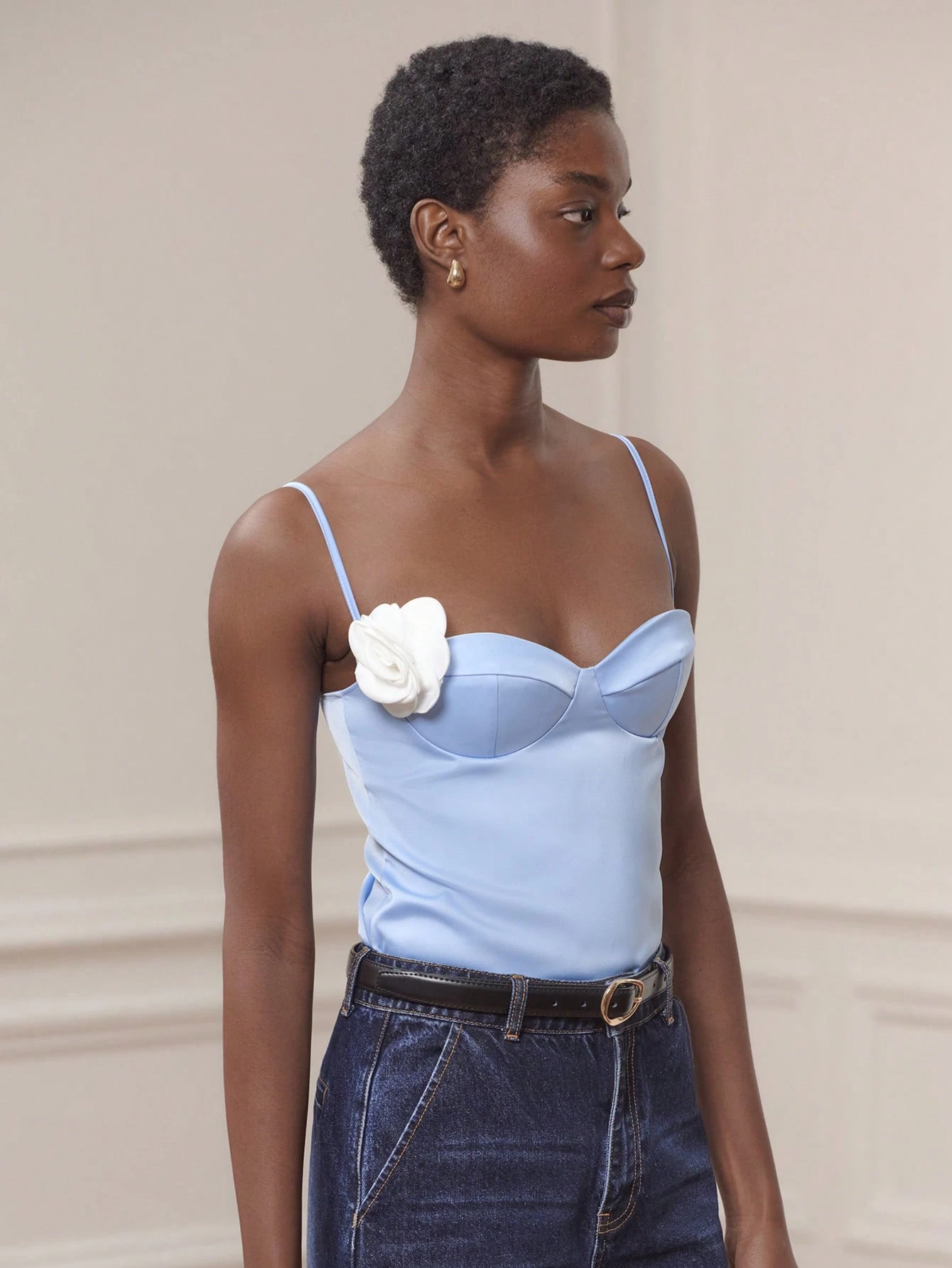 Blue Satin Bustier Top With Structured Cups And Tonal Floral Applique Chic Party Evening Top Spring Summer Summer  French Style Parisian Style