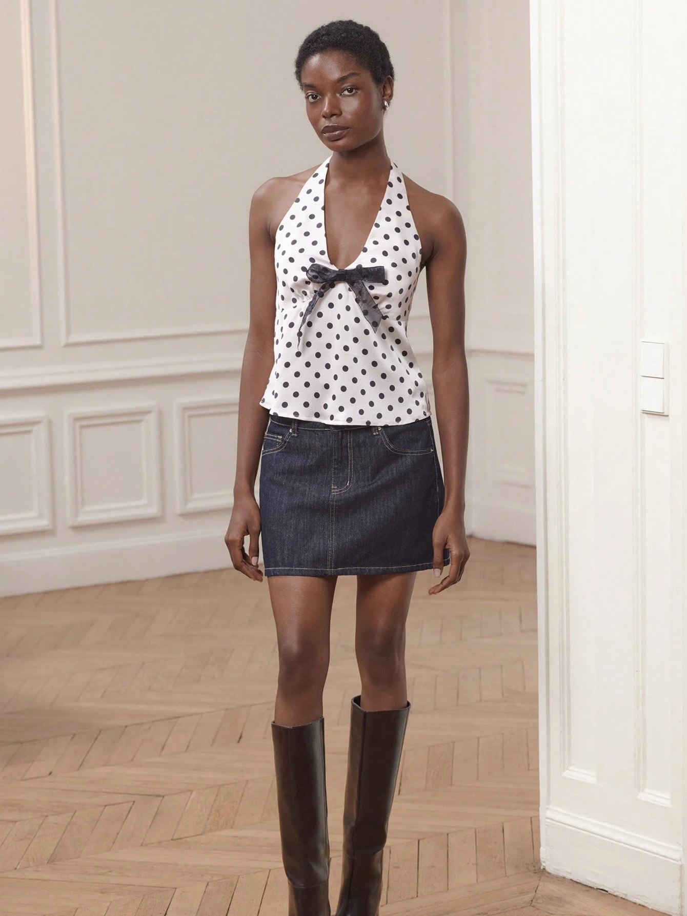 Top halter de satén rosa claro con lunares negros y gran detalle de lazo, elegante top de estilo vintage para fiestas, otoño, invierno y vacaciones, top elegante de estilo francés