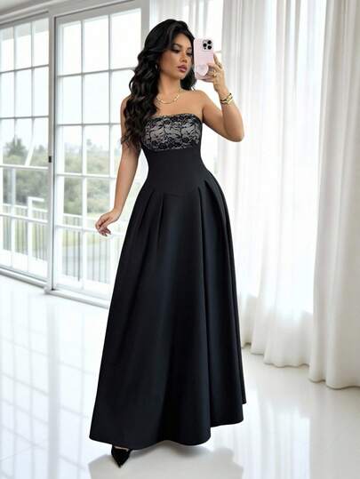 Islaluna Robe élégante noire en dentelle sans bretelles à taille haute et coupe évasée, convenant pour le port quotidien, les mariages, les événements formels, les déplacements, les fêtes de remise de diplômes, les vacances, les sorties, les fêtes, Halloween, Noël, le Nouvel An, Thanksgiving