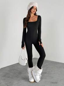 SHEIN Tall Women's Winter Streetwear Athleisure Ski Wear Warm/ Cold Weather/ Thermal Stretchy Comfortable Black Slim Fit Long Sleeve Square Neck Long Thermal Lined Romper,Fall Long Sleeve Jumpsuit Bodycon Jumpsuit - Black - View 6