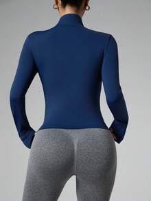 Dewbera Dewbera Zipper Front Pocket Fitted Knit Women Sports Jacket Zip Up Workout Jacket - Navy Blue - View 2