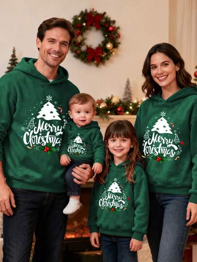 SHEIN LUNE 这款休闲简约的红色底圣诞树图案印花宽松加厚卫衣，适合秋冬季节穿着，也适合家庭套装、派对、情侣装、亲子新年派对等场合。