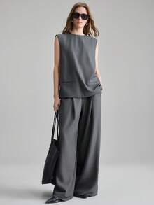 Ontre 2026SS 女士无袖宽松灰色衬衫，简约商务休闲风，适合独立日、教师节、通勤、度假、办公室穿着、节日、派对等场合，百搭女式衬衫 - 灰色 - 查看 2