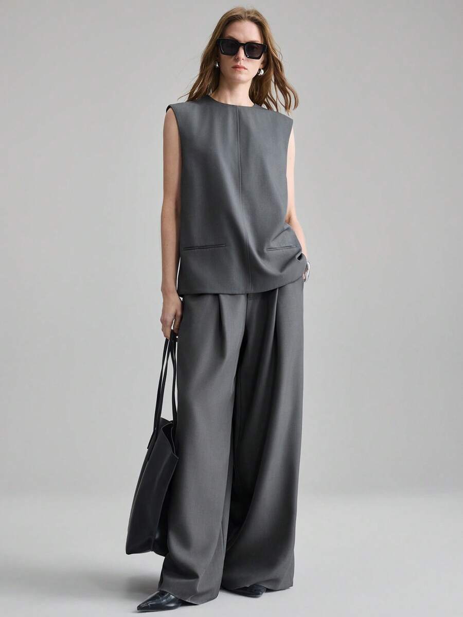 Ontre 2026SS 女士无袖宽松灰色衬衫，简约商务休闲风，适合独立日、教师节、通勤、度假、办公室穿着、节日、派对等场合，百搭女式衬衫