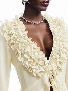 LYSMO 2025 Autumn New Simple Women's Cream Yellow Multi-Layer Ruffle Front Tie Long Sleeve Fashion Shirt Long Sleeve Ruffle Top Cream Blouse Ruffle Blouse - Beige - View 8
