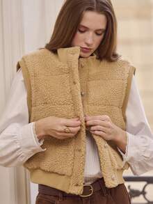 驼色加厚针织无袖背心，银色按扣，冬季驼色针织女装 - 杏色 - 查看 7