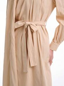 SHEIN Stylify 女士休闲围巾系腰简约纯色长袖A字连衣裙，秋冬款 - 杏色 - 查看 9