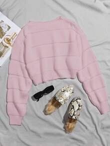 Franclia Casual Solid Color Cropped Sweater, Autumn - Baby Pink - View 4
