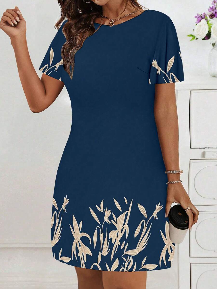 EMERY ROSE 女士植物印花圓領短袖夏日連身裙 - 彩色 - 查看 1