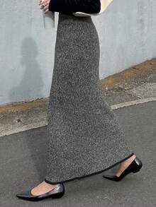 FRIFUL Váy len dệt kim dáng chữ H dài rộng thoải mái đa năng, họa tiết hoa màu tương phản, eo co giãn, họa tiết hoa màu xám, viền đen cho nữ, mùa thu/đông - Xám - Xem 4