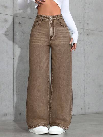 SHEIN ICON Jeans de mezclilla de ajuste holgado con bolsillos en ángulo, lavados, de uso casual diario para mujer