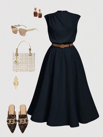 SHEIN MOD Vestido sin mangas de unicolor para mujer de talla grande, vestido de oficina elegante (con cinturón)