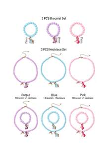 My Little Pony X SHEIN 2件或3件套时尚可爱甜美锌合金女士手链项链套装，手工串珠饰品，独角兽、暮光闪闪、萍琪派和云宝黛西图案，紫色、粉色和蓝色 - 彩色 - 查看 6