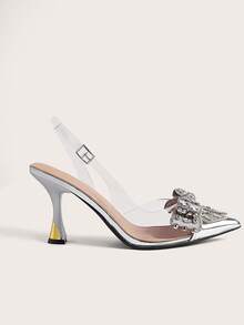 Enchnt 2025 年秋冬女士水钻蝴蝶结装饰尖头细高跟 PVC 鞋，适合优雅迷人的派对和情人节舞会，优雅，女士浅口鞋 - 銀色 - 查看 6