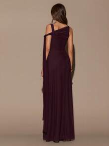 SHEIN BAE Women's Burgundy Asymmetrical Off-Shoulder Shawl Maxi Dress, Summer Dress,Valentine's Day,Elegant Dress,Wedding Guest Dress,Red Dress - Burgundy - View 2