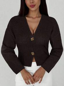 Aloruh Nueva chaqueta de punto de cuello en V profundo de manga larga y silueta ajustada con botones, versátil suéter casual de punto para otoño/invierno - Café integral - Ver 5