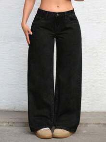 Jeanoix 大码 Y2K 时尚做旧水洗低腰宽松牛仔裤 - 黑色 - 查看 1