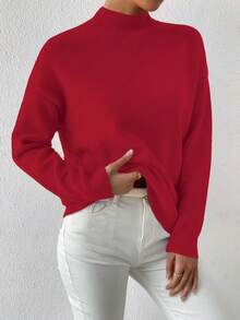SHEIN LUNE 女士休闲日常通勤简约纯色高领落肩宽松套头毛衣，秋冬款 - Fiery Red - 查看 6