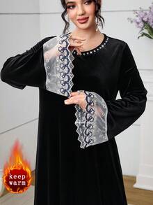 Al Najma 女士天鹅绒水钻荷叶边A字优雅时尚连衣裙，秋冬款 - 黑色 - 查看 3