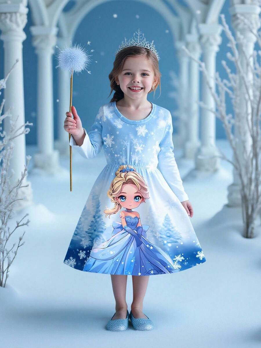 Girls Long Sleeve Dress, Snowy Landscape & Ice Princess Pattern, Fashionable & Versatile, Cute For Everyday Wear - Multicolor - View 1