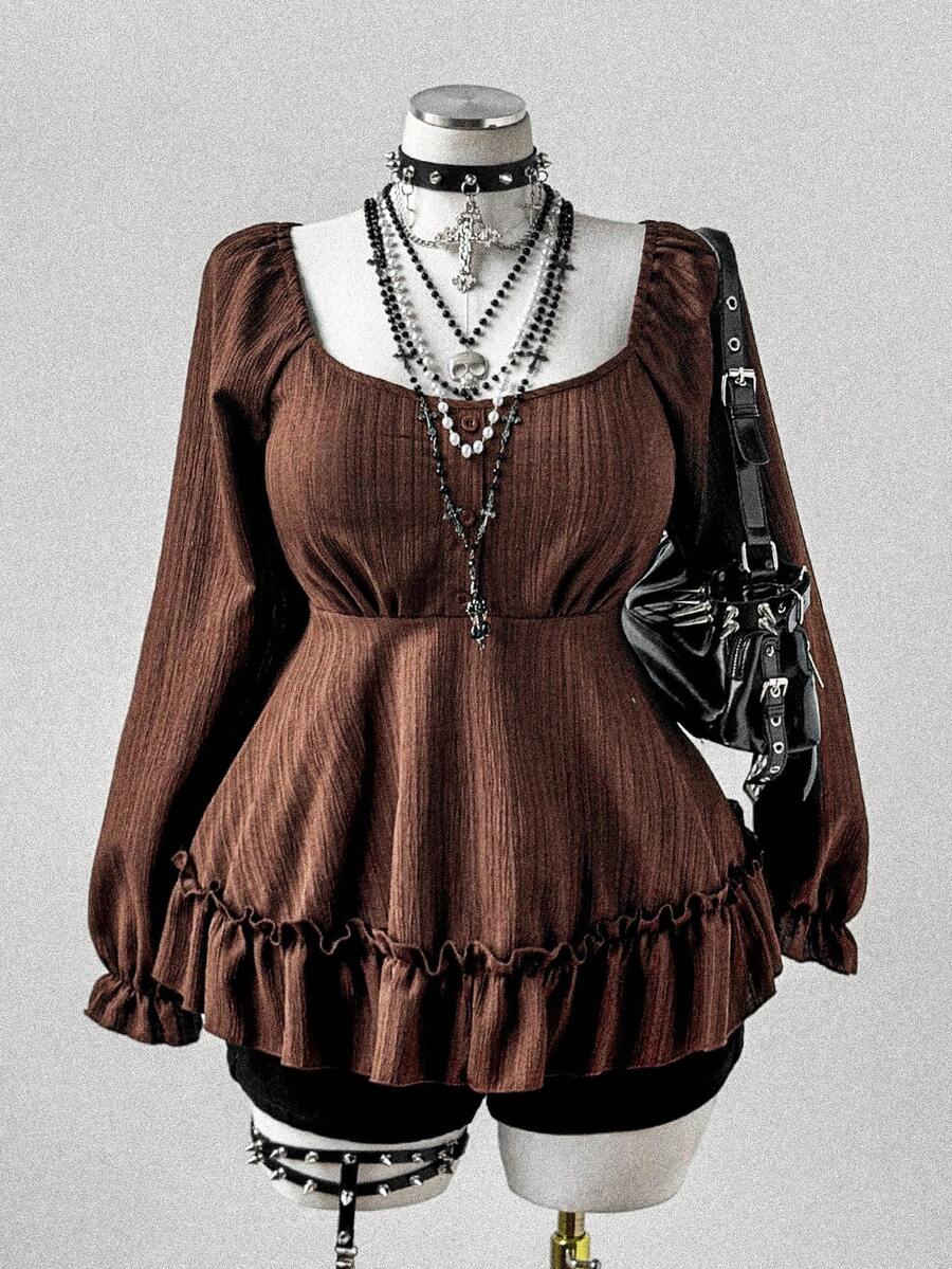 Sunspun 大码女式复古自然风军绿色长袖衬衫 - 軍綠色 - 查看 1