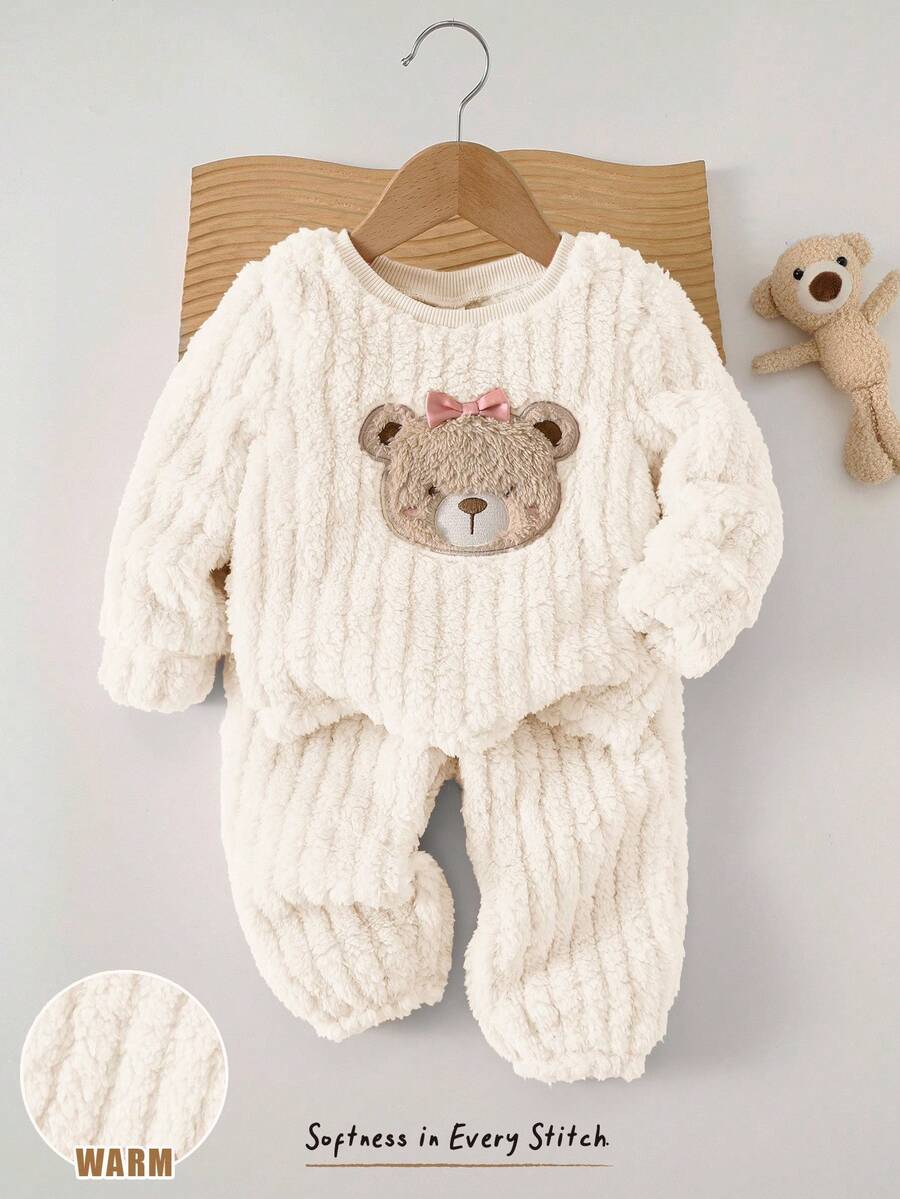 Cozy Pixies 2pcs Baby Girl Cartoon Bear Pattern Thermal Lined Crew Neck Long Sleeve Sweatshirt And Elastic Waist Pants Set, Comfortable, Versatile, Fashionable For Daily Wear, Suitable For Indoor, Outdoor, Sports, Party, Christmas, Autumn/Winter Baby Teddy Bear Outfit Baby Knitted Outfit Baby Set Autumn Winter Season Baby Romper Bear Warm Baby Clothes - Apricot - View 1