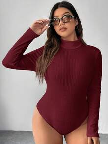 SHEIN EZwear Bộ đồ liền thân dài tay cổ trụ màu đỏ rượu vang cỡ lớn dành cho nữ - Màu Đỏ Sâu - Xem 6
