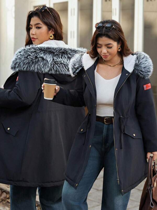 Vionelle Franclia Women Front Zip Long Sleeve Faux Fur Patchwork Minimalist Casual Hooded Winter Parka Jacket Plus Size Jackets Plus Size Winter Clothes Streetwear Plus Size Coats For Women Plus Outerwear Women