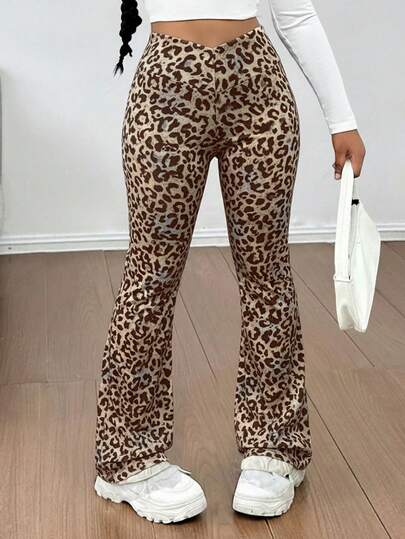 SHEIN Tween flickor casual eleganta stickade leopardmönster korsvis midja smala utsvängda byxor, tillbaka till skolan, snygga, streetchic