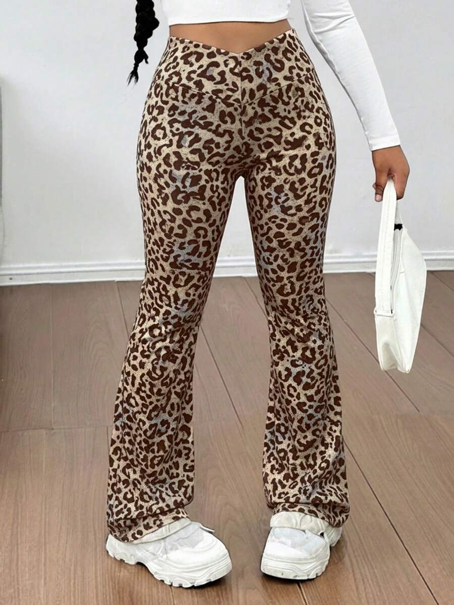 SHEIN Tween Girls' Casual Elegant Knit Leopard Print Criss-Cross Waist Skinny Flare Pants, Back To School, Stylish, Street-Chic, Bell Bottom Pants, Flared Leggings, Leopard Pants Cheetah Print Pants,Kids Clothes Girls,Tween Girl Clothes, Flare Pants Girls, Cheetah Pants - Brown - View 1