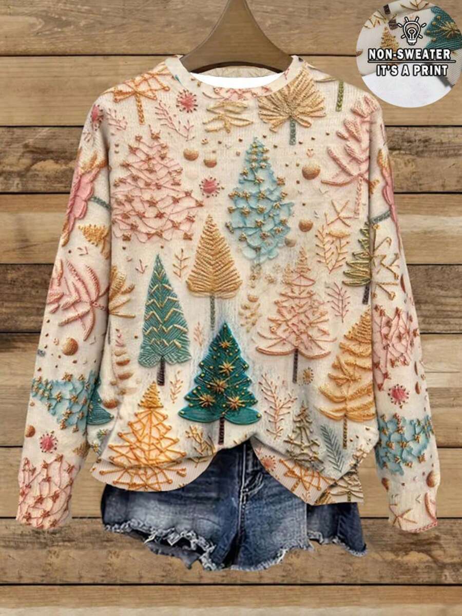 EMERY ROSE 女士休闲 3D 圣诞树针织印花运动衫、圆领套头长袖、女士圣诞运动装 - 彩色 - 查看 1