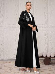 Al Najma Abaya abierta bordada de estilo casual y modesto para mujeres, vestido árabe para mujeres, abayas musulmanas de lujo para mujeres en invierno - Negro - Ver 5