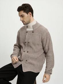 Męski, jednokolorowy, elegancki, dwurzędowy kardigan z długim rękawem, jesień/zima - Morela - Zobacz 4
