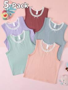 SHEIN 5 Stücke/Set Mädchen weiße Einfarbige elegante, süße Spitzenbesatz bequeme modische Unterhemd Camisoles