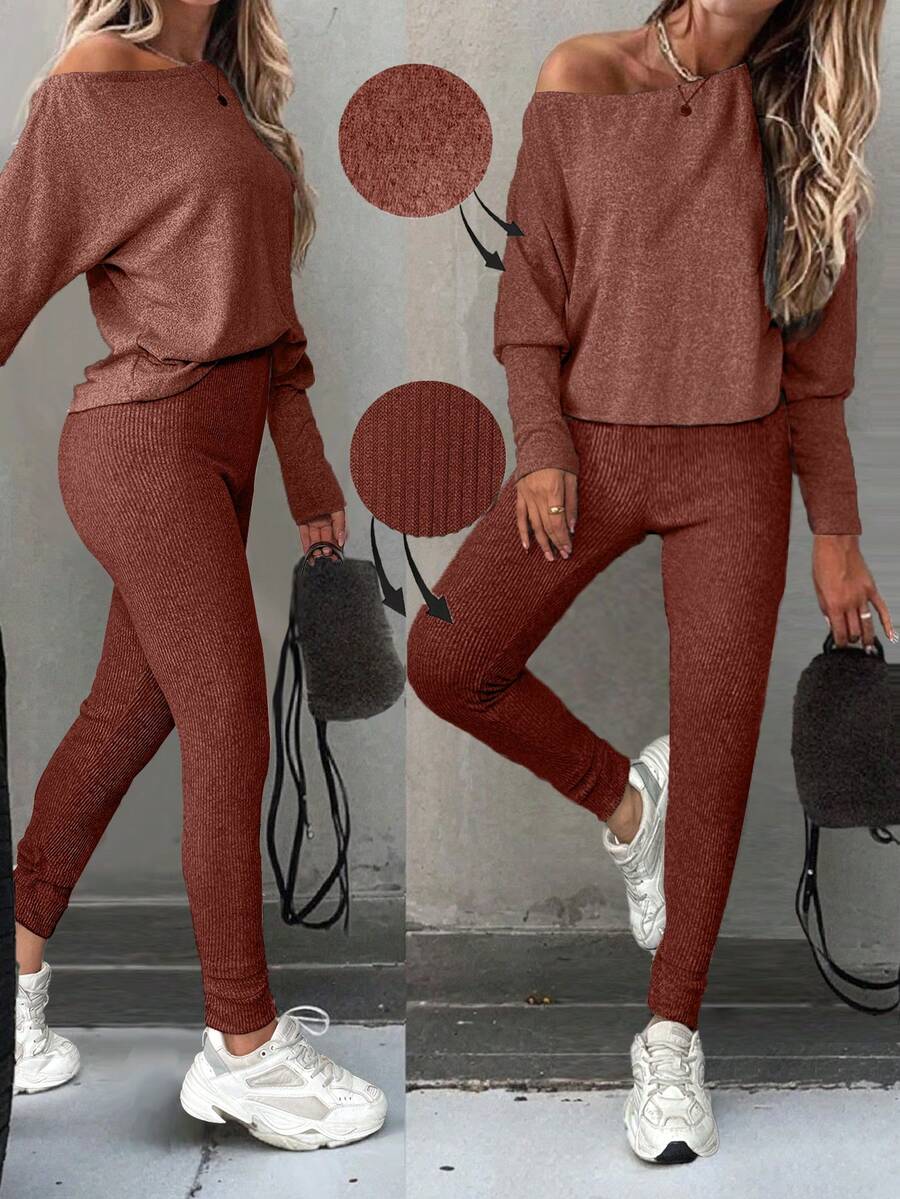 EMERY ROSE Women's Solid Color Minimalist Daily Oblique Shoulder Top And Pants 2 Pieces Set - Coral Orange - View 1