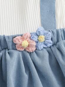 SHEIN 女婴秋冬季拼接撞色灯芯绒花卉装饰连体衣 - 藍色 - 查看 8