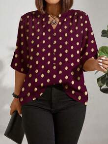 EMERY ROSE Plus Size Summer Casual Gold Dot Print Notched Neck Shirt - Red - View 3