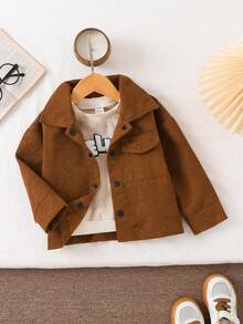 Young Boy复古焦糖棕色灯芯绒口袋翻领纽扣夹克搭配浅桃色柔软保暖羊毛英文“HELLO”衬里服装套装 - 咖啡棕 - 查看 7