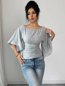 Lyxana Áo thun nữ tay loe trễ vai vải gân co giãn cao màu trơn đa năng mới thanh lịch - Xám - Xem 4