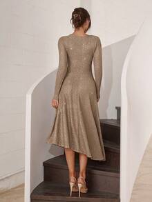 Modelyn Women's Solid Color Round Neck Long Sleeve Pleated Shiny Elegant Mid-Length Dress - Khaki - View 2