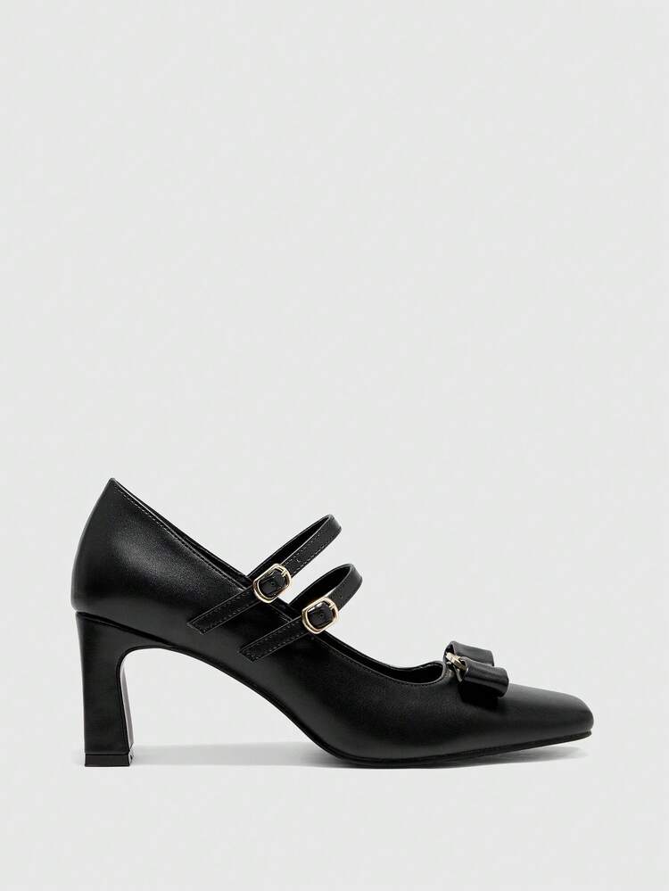 CUCCOO BIZCHIC Women's Square Toe Bow Decor Buckle Design Fashion High Heel Pumps For Christmas