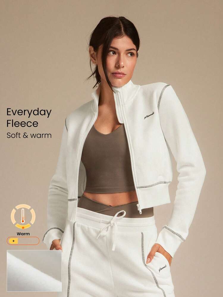 Everyday Fleece Polar Core Soft Warm Contrast Stitching Thumbholes Waist Length Regular Fit High Neck Zip-Up Jacket Autumn Winter Outdoors Daily Casual Wear