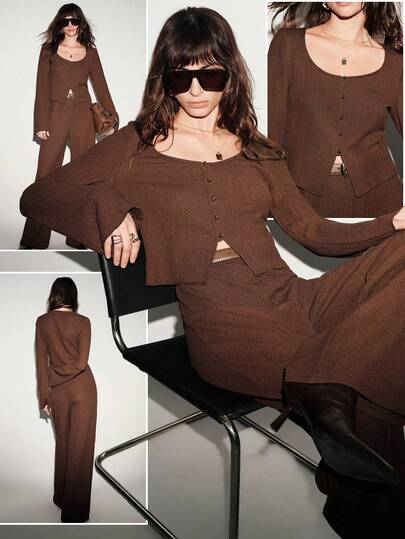 Lumivelle 2025 Autumn New Metal Button Fitted Deep V-Neck Textured Long Sleeve Top And Straight Leg Pants Set, Vintage Textured Knit Cardigan And Casual Outfit, Minimalist Fitted Mila Schon Style Textured Knit Cardigan And High Waist Straight Leg Pants Set Coffee Brown Dress Brown Two Piece Set Women Knit Two Piece Set Brown Clothes Earthy Clothes Women