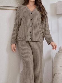 Lazeform Ribbed Soft Fleece Button-Up Loungewear Set Winter Clothes