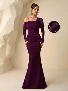 Coutiva Elegantes, schulterfreies Meerjungfrauen-Abendkleid für Damen (aufwendig bestickt), mit Strasssteinen besetztes, transparentes, schwarzes Abendkleid, auch als Hochzeitsgastkleid, elegantes Abendkleid, Ballkleid, tailliertes und figurformendes Kleid, Partykleid, formelles Kleid, lila Abendkleid, schulterfreies Abendkleid, pflaumenfarbenes Kleid, langärmeliges formelles Kleid, sexy und elegant - Rot-violett - Übersicht 3