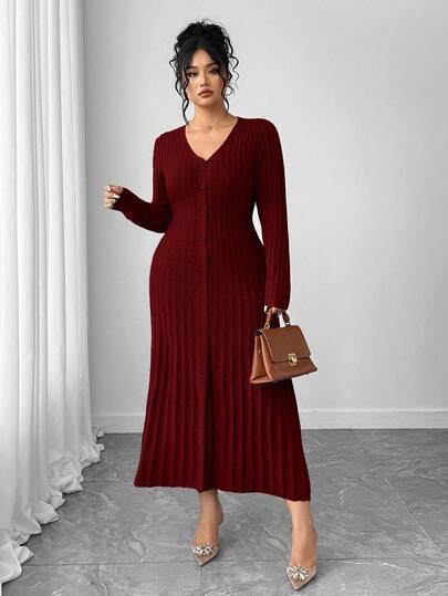 SHEIN Elenzya 1pc Women Plus Size Elegant V-Neck Long Sleeve Flared Hem Sweater Dress