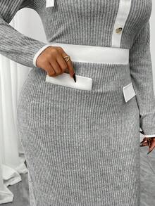 SHEIN Elenzya 女士秋冬拼接撞色纽扣装饰蝴蝶结圆领长袖连衣裙 - 灰色 - 查看 8