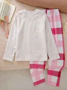 SHEIN 2 Pieces Sets Girls Casual Outfit, Autumn Pink And White Striped Plush Nighties, Long Sleeve Top And Pants Comfortable Loungewear Winter Tween Girl Clothes - Multicolor - View 2
