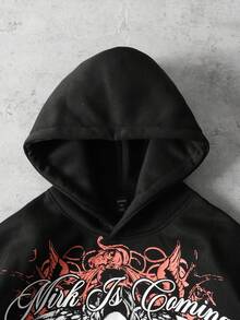 ROMWE MEN Grunge Punk sweat-shirt à capuche ample pour hommes avec imprimé graphique, style de rue rétro - Noir - Voir 4